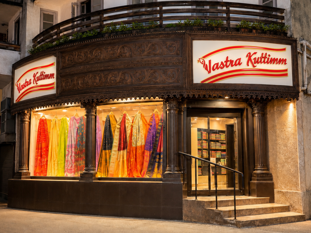 Vastra Kuttimm flagship boutique storefront in Kolkata featuring illuminated saree displays